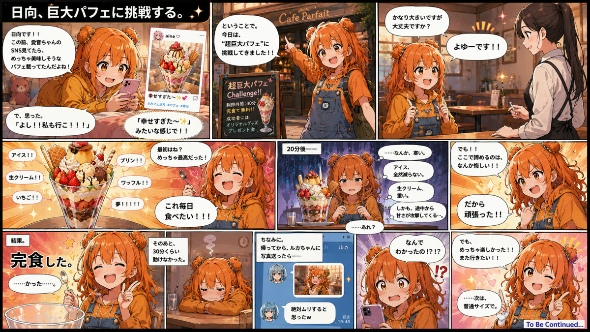 🧡「日向、巨大パフェに挑戦する。」