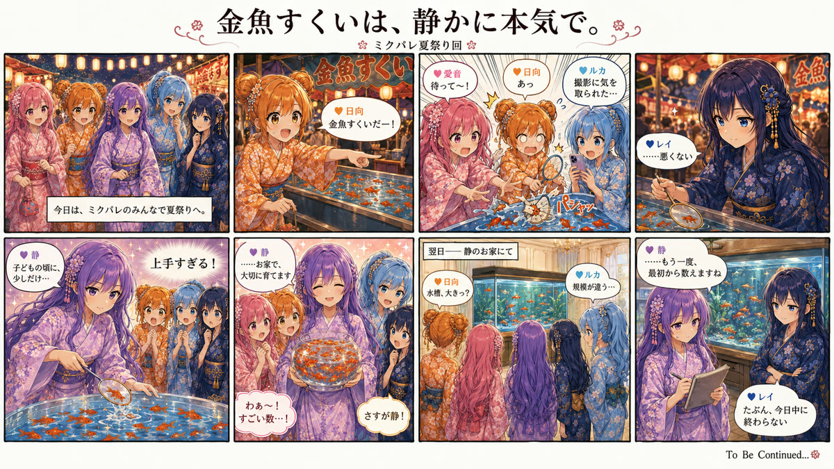 夏祭りで金魚すくいをするMixPaletteメンバー
